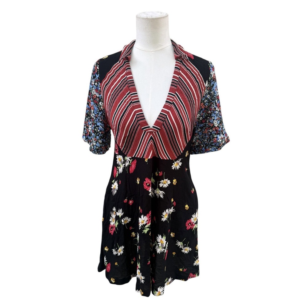 Free People Mixed Print Floral Mini Dress Boho Deep V Patchwork Red Size 4